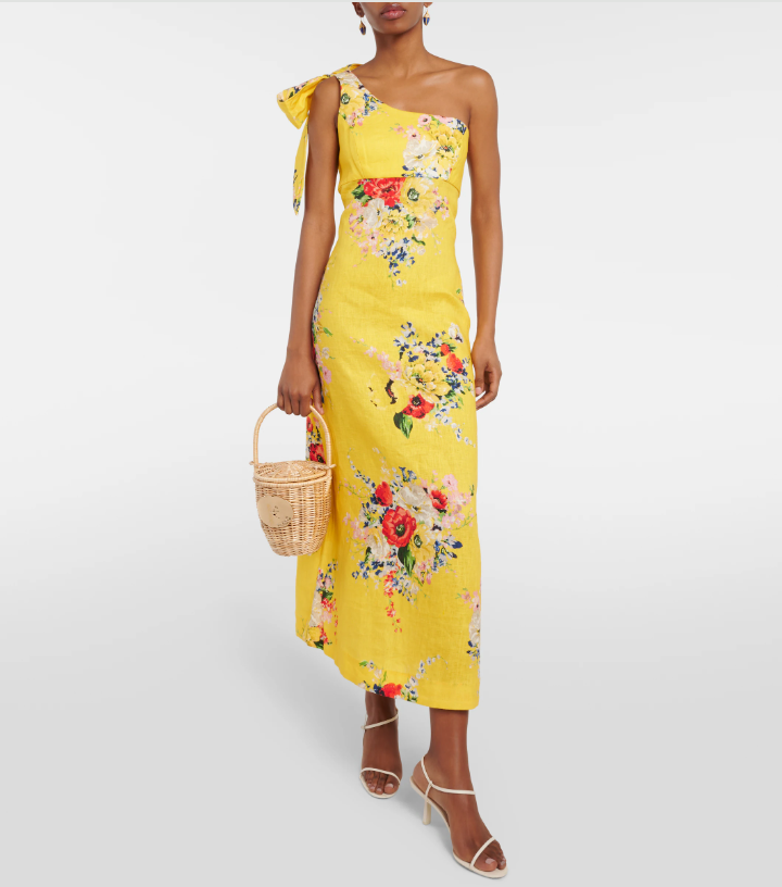 Borrow a Zimmermann One Shoulder Floral Linen Midi Dress