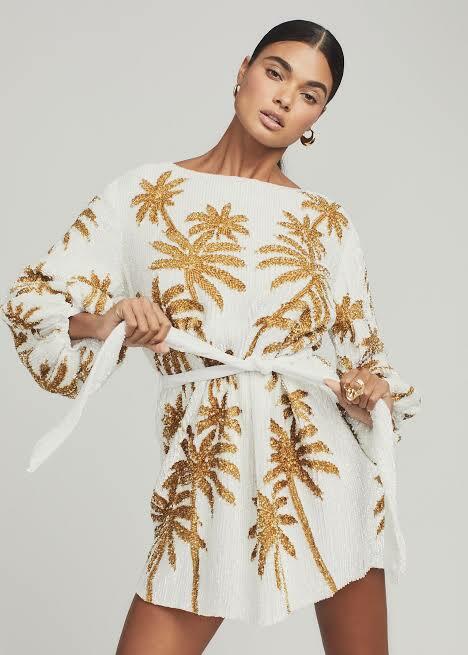 Designer rental Retrofete Grace White And Gold Palm Tree Print Sequin Dress