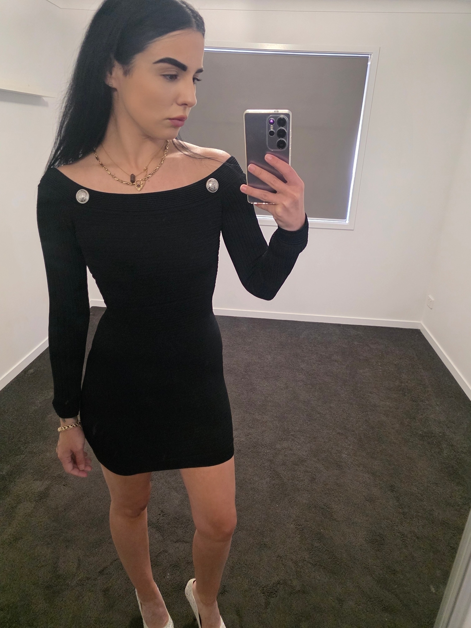 Formal rental Balmain Balmain Off Shoulder Ribbed Knit Mini Dress.