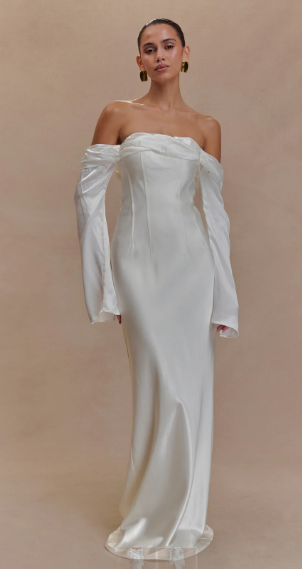Borrow a Meshki Giselle Off Shoulder Cowl Neck Maxi Dress White
