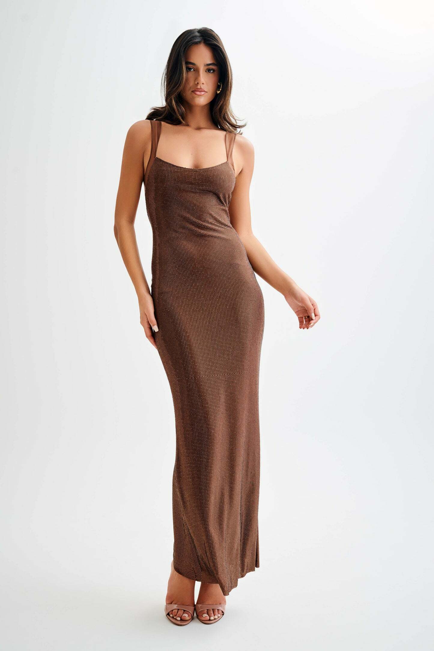 Loan a Meshki Hot Fix Maxi Dress With Mesh Back Chocolate