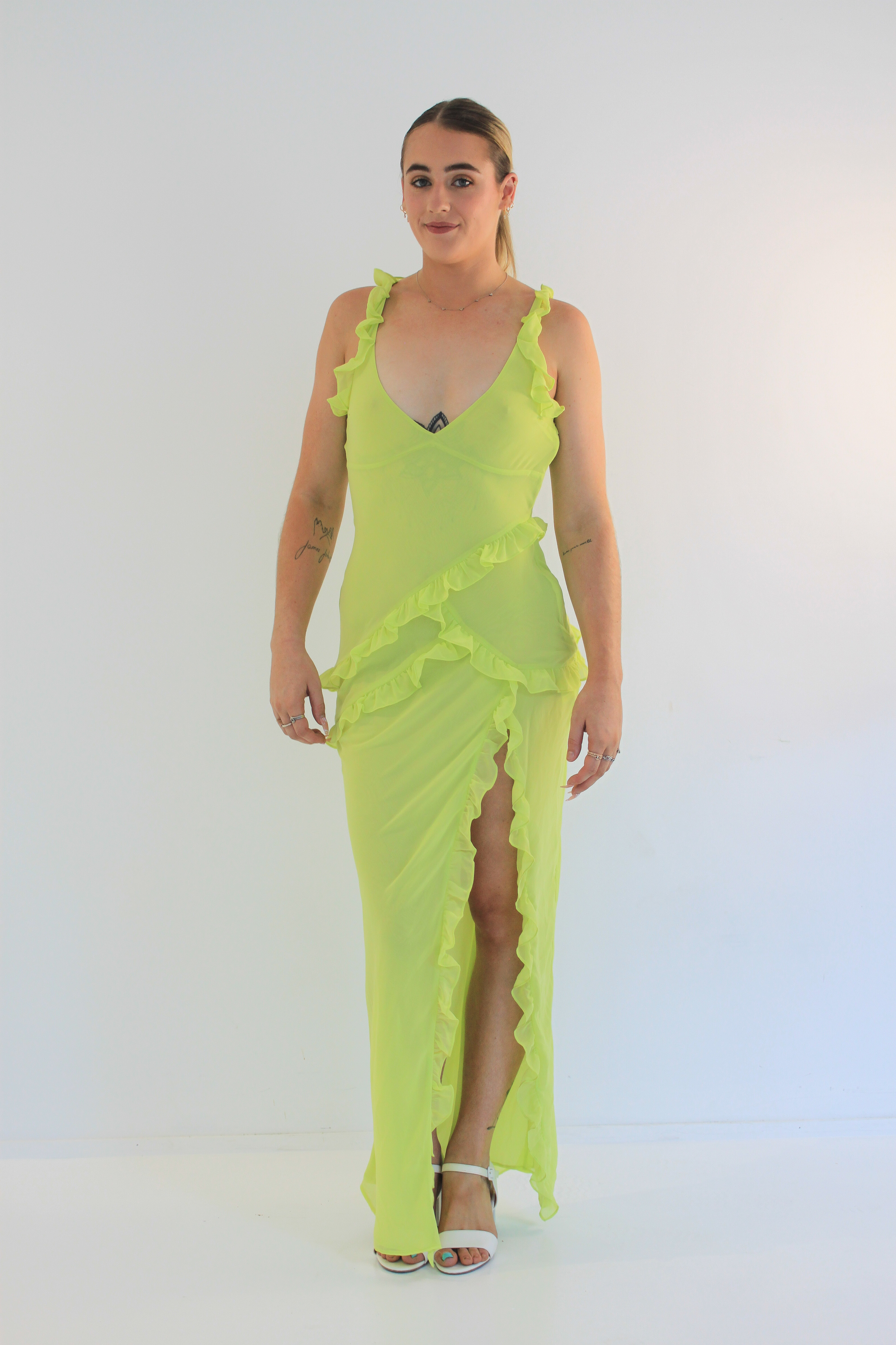 Rental House Of Cb Pixie Lime Ruffle Maxi Dress
