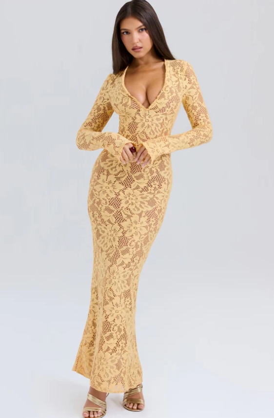 Rental House Of Cb Indiana Apricot Plunge Lace Maxi Dress