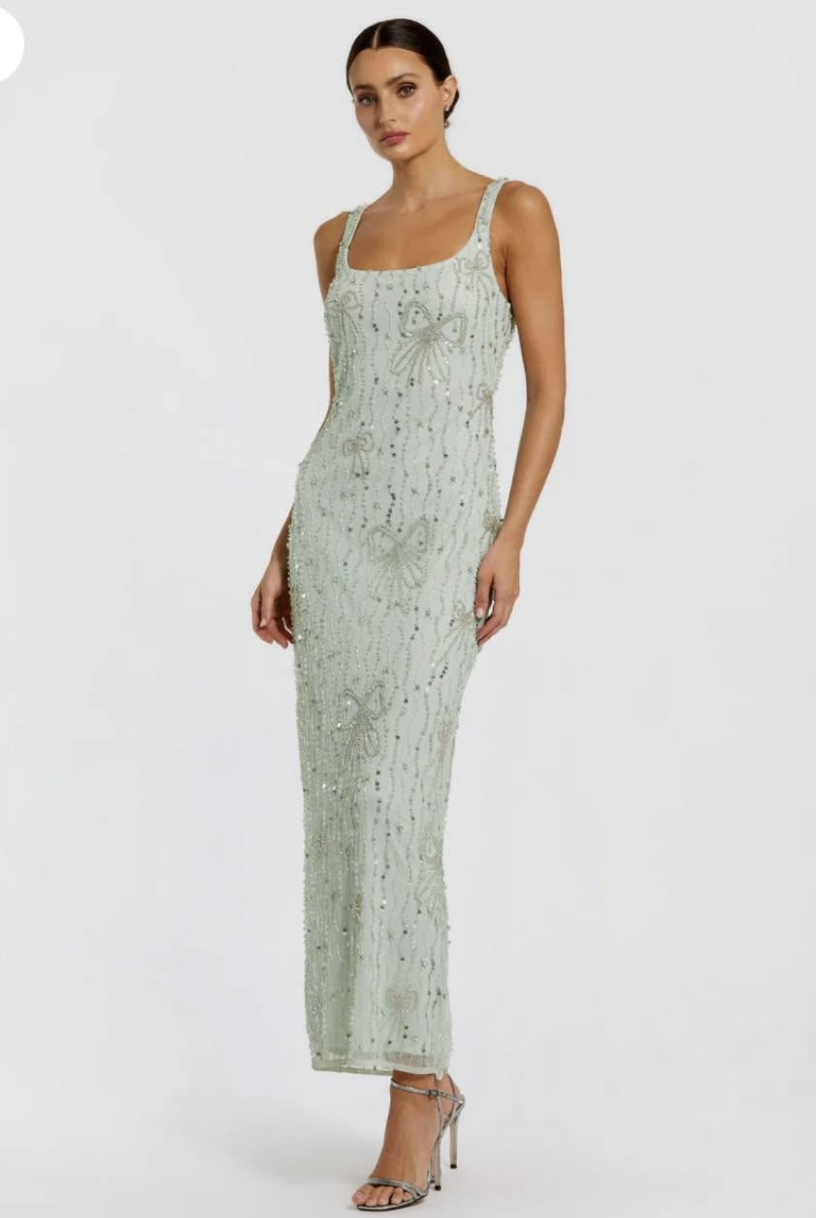 Formal rental Mac Duggal Green Beaded Mesh Scoop Neck Fitted Gown With Bows