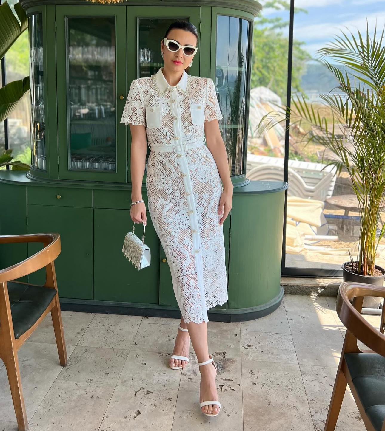 Designer rental Self Portrait White Lace Button Front Midi Dress