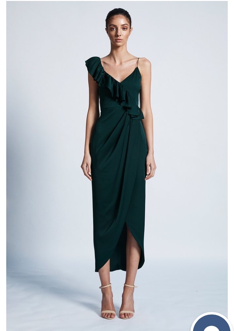 Borrow a Shona Joy Luxe Asymmetrical Frill Dress Emerald