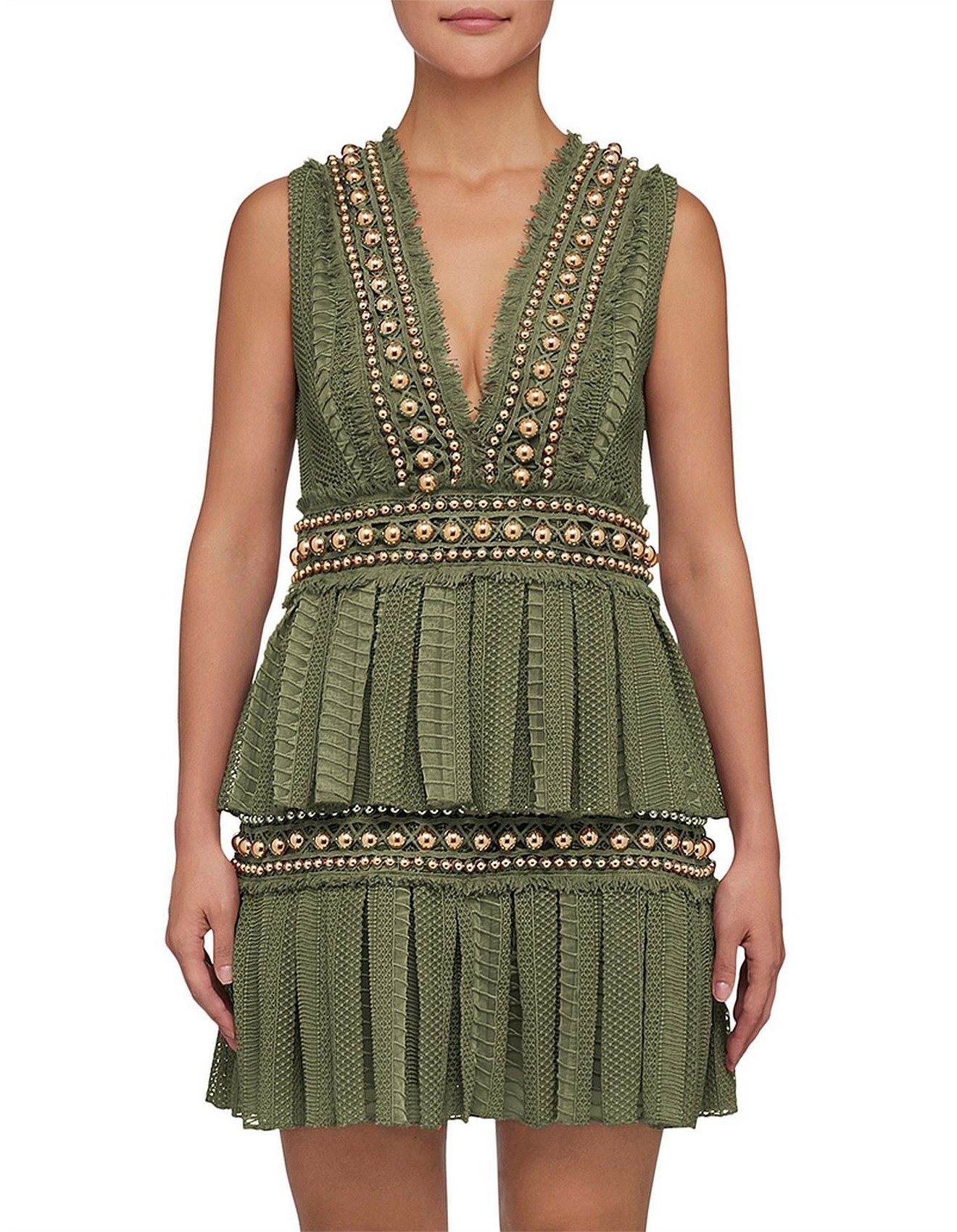 Loan a Thurley Khaki Cresent Lace Pleat Mini Dress