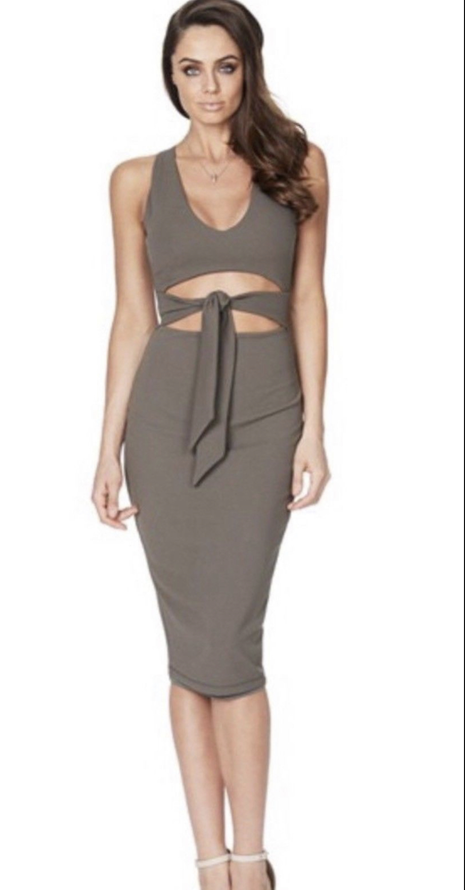 Rent a Nookie Foxy Tie Midi Dress Khaki