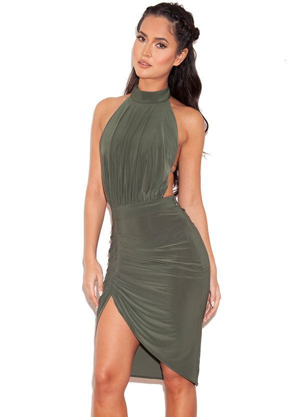 Borrow a House Of Cb 'Raquela' Khaki Backless Halter Draped Dress