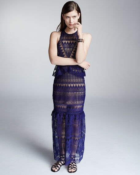 Borrow a Self Portrait Teardrop Lace Sleeveless Maxi Dress Navy