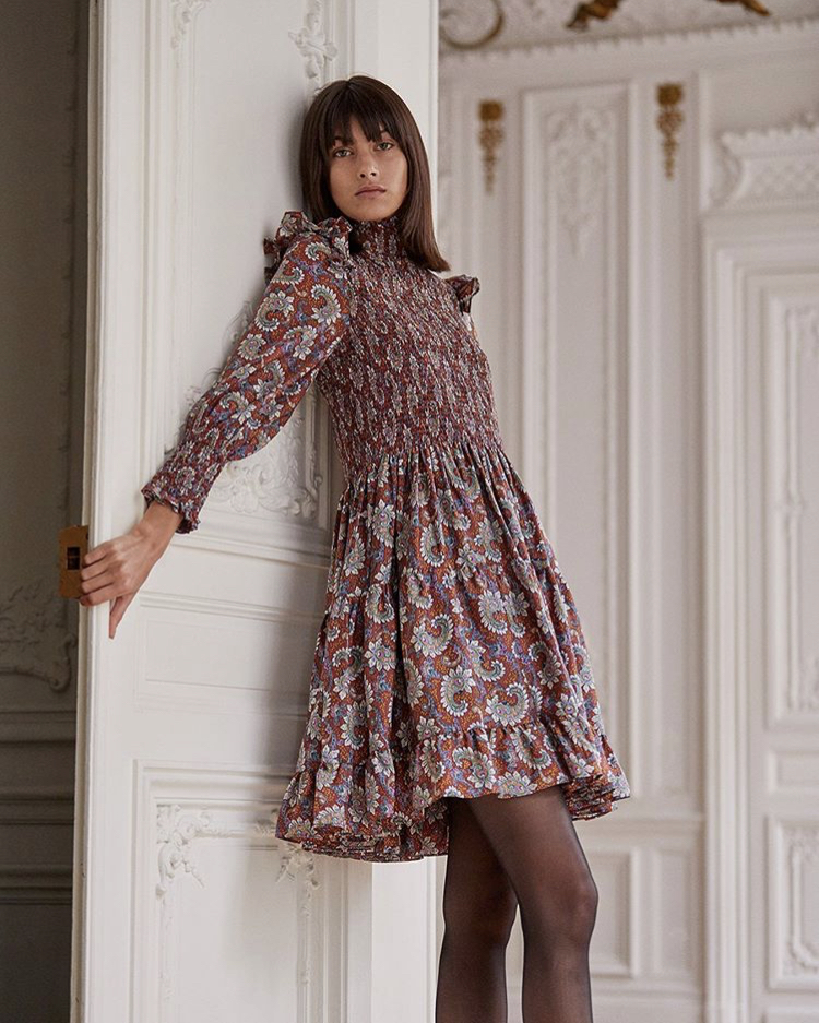 Designer rental Scanlan Theodore Printed Silk Shirred Dress In Umber