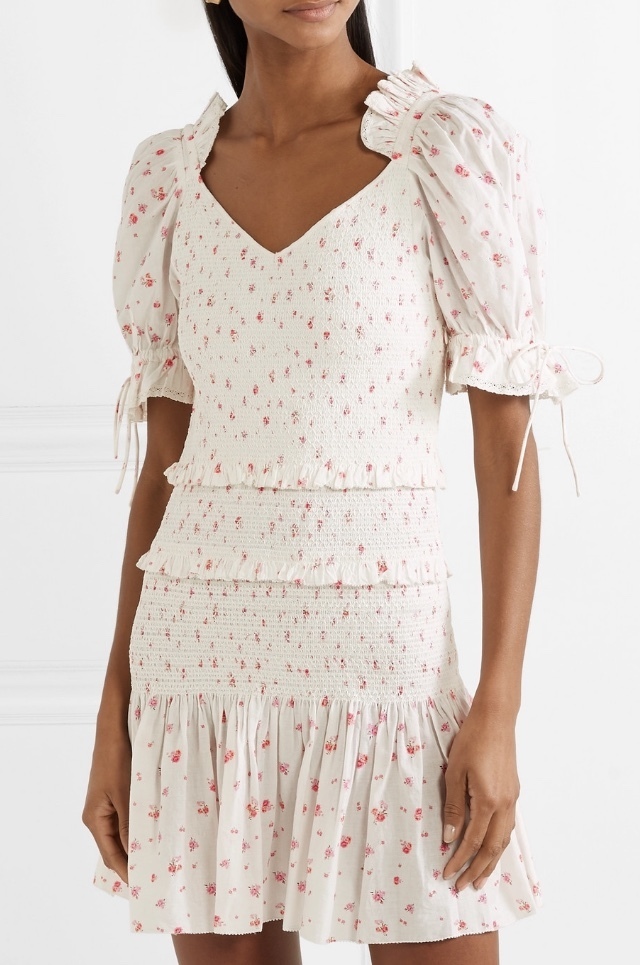 Cheap designer Love Shack Fancy Tina Smocked Ruffled Floral Print Cotton Dress