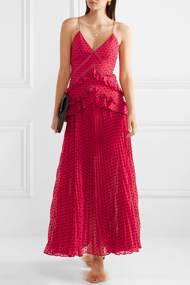 Borrow a Self Portrait Chain Trimmed Swiss Dot Chiffon Maxi Dress