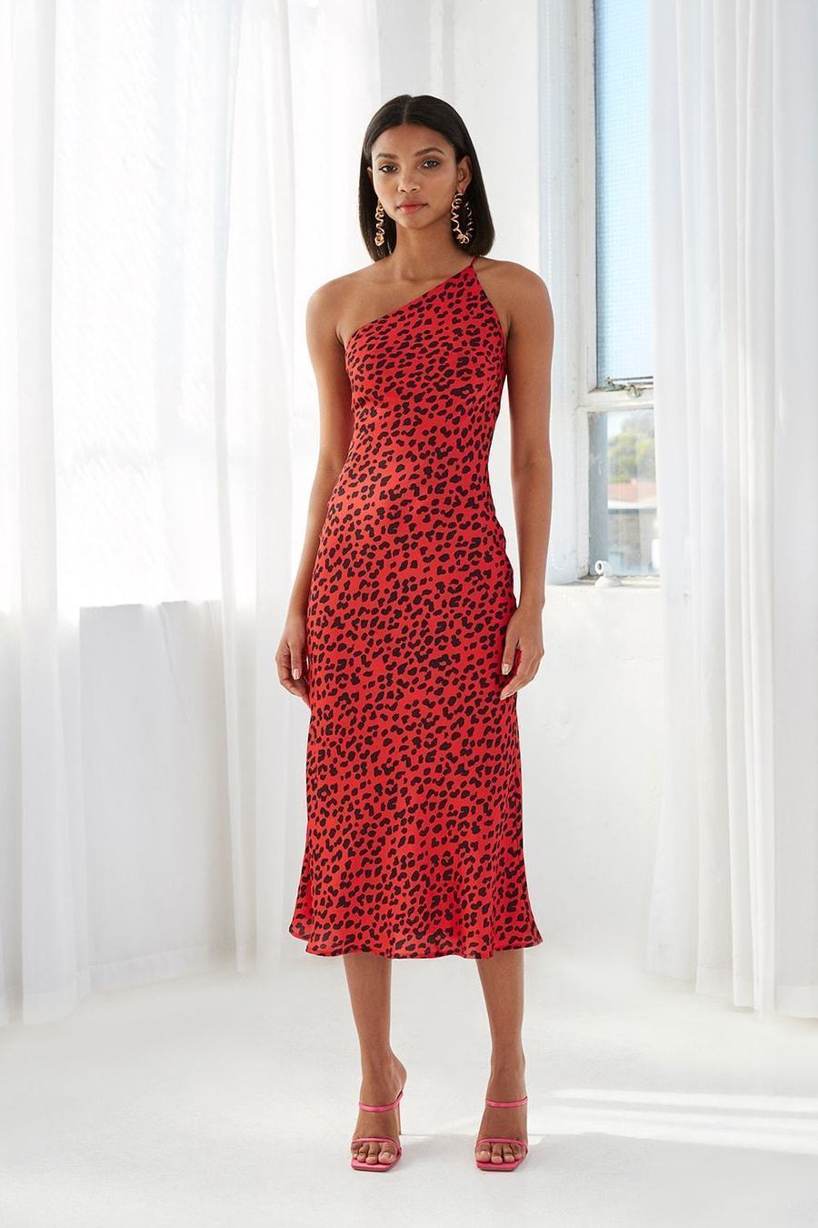 Rental By Johnny Ruby Leopard Asymmetric Bias Dress
