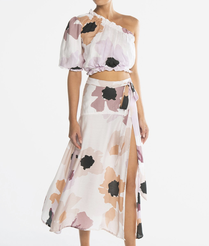 Designer rental Peony Swimwear Soiree Puff Crop With Soiree Midi Skirt