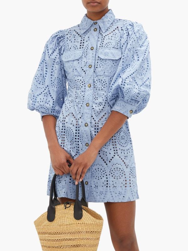 For rent a Ganni Ganni Balloon Sleeve Broderie Anglaise Mini Shirt Dress
