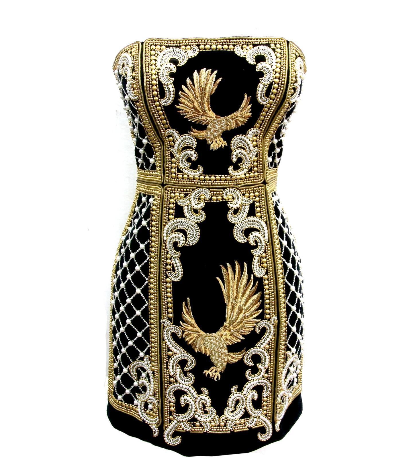 Rental Balmain Black Velvet Beaded Pearl Eagle Dress