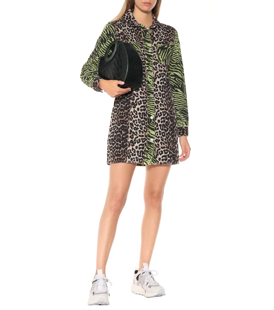 Designer rental Ganni Leopard Print Denim Shirt Dress